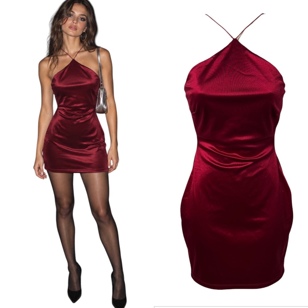 Vtg Y2k Mini Dress Women S Red Bodycon Halter Satin Stretch Indie Sleaze Party